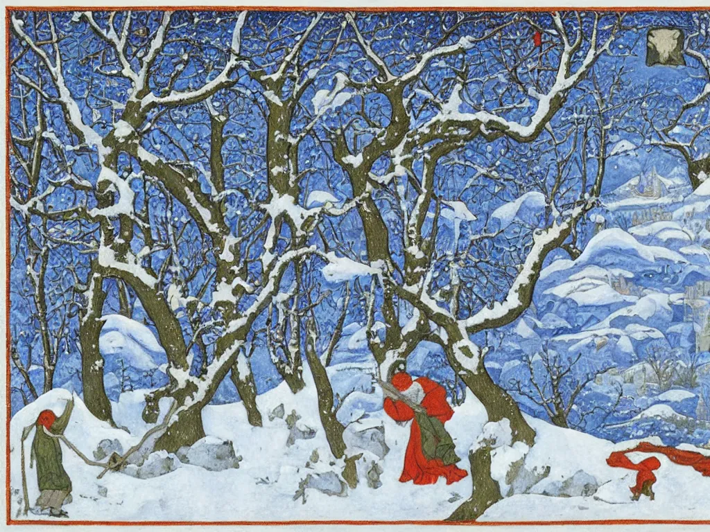 Image similar to winter scene with dragon. painting by limbourg brothers