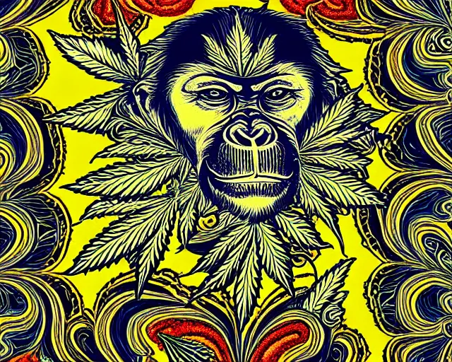 Prompt: psychedelic ornamental baroque bored ape wearing marijuana bandana, opensea