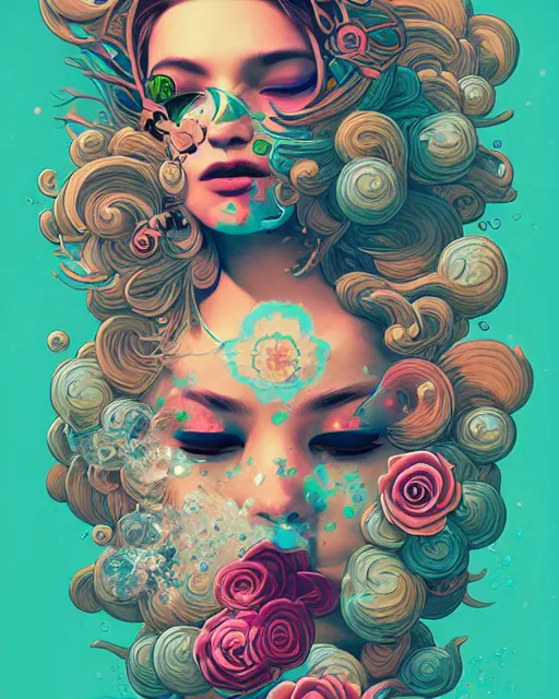 Image similar to flowery face tattoos, by petros afshar, ross tran, peter mohrbacher, tom whalen, underwater bubbly psychedelic clouds