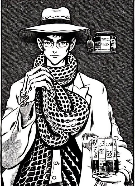 Prompt: portrait of a snake oil salesman wearing a snake suit and wide brimmed hat offering you a bottle of serum formula, art by Kentaro Miura