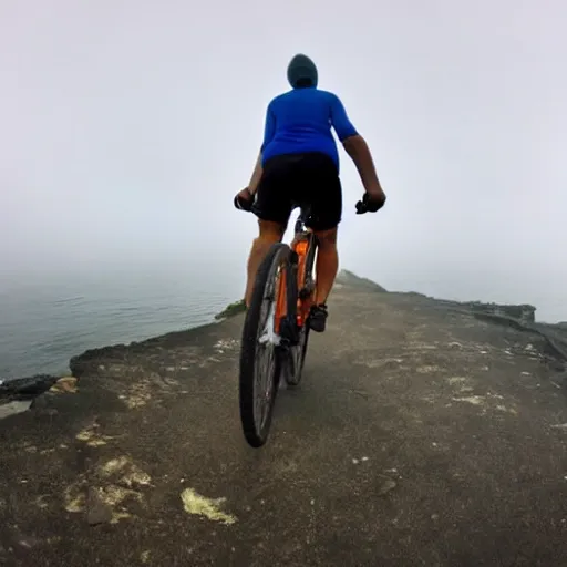 Image similar to POV bicycle: on a rocky path, Rider's first person holding the handlbars, point of view, GoPro, high 8k quality! entering the scary murky ocean, Fog. Ultrarealistic