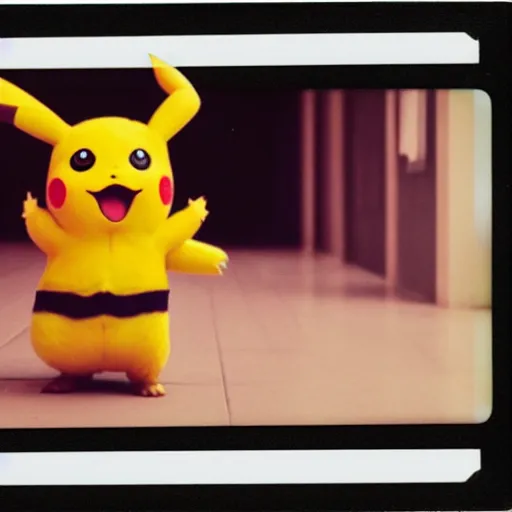 Image similar to A creepy polaroid photo of pikachu chasing you down a hallway