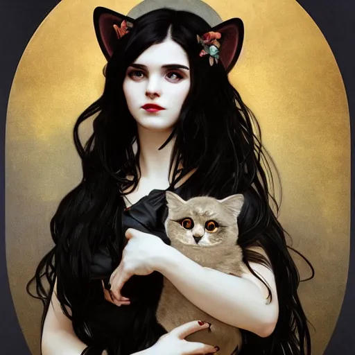 Prompt: cute goth girl with long dark hair parted sideways thick eyebrows and dark eyes, she is holding a cat in her arms, by juan villafuerte, greg rutkowski and alphonse mucha, pexels contest winner, high quality photo, rtx, hd