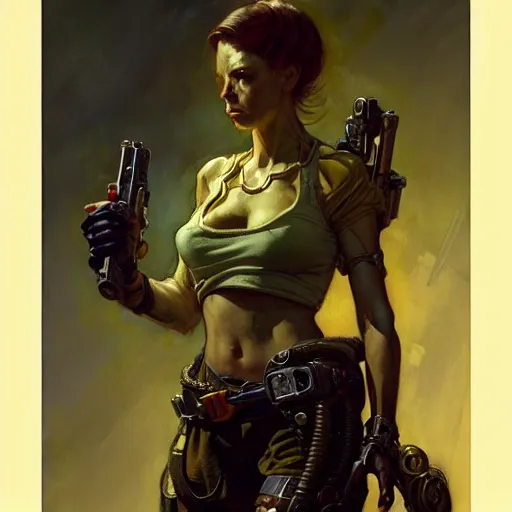 Image similar to highly detailed portrait of a fallout 5 female protagonist. d & d. art by donato giancola, eugene delacroix, ruan jia, carl larsson, peter mohrbacher. trending on artstation, intricate details, energetic composition, golden ratio, concept art, illustration, elegant art, global illumination