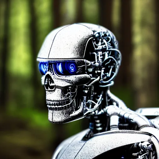 Image similar to super detailed portrait of a terminator's head, packed with cybernetics and and borg enhancements and has optic fibers inside. In a forest with bokeh.