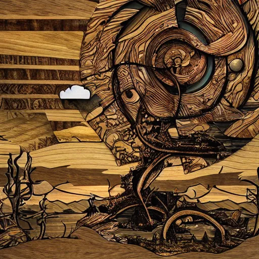 Prompt: the end times wooden collage, woodgrain, environmental art, lovecraftian, behance contest winner