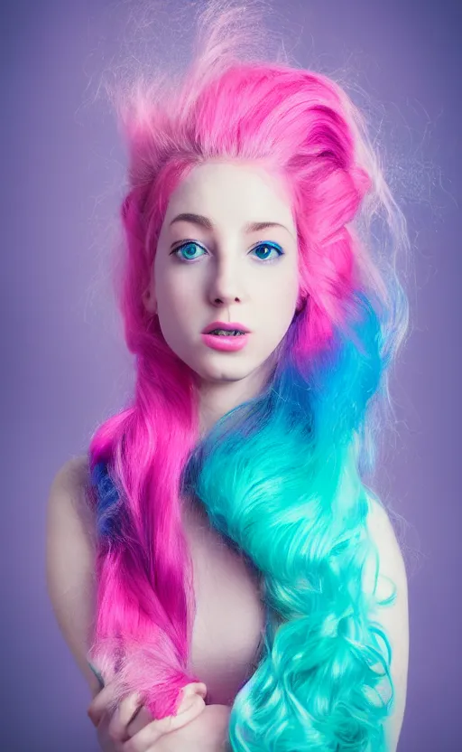 Image similar to a dramatic portrait photo of a beautiful young woman with cotton candy hair. with a little bit of cyan and pink