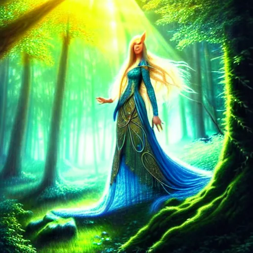 Prompt: beautiful hyper realistic elven, celestial highly detailed magic stag, in a beautiful highly detailed forest background. blue light. sunlight rays throught the trees. intricate, elegant, fantasy art, concept art 8 k rendering.