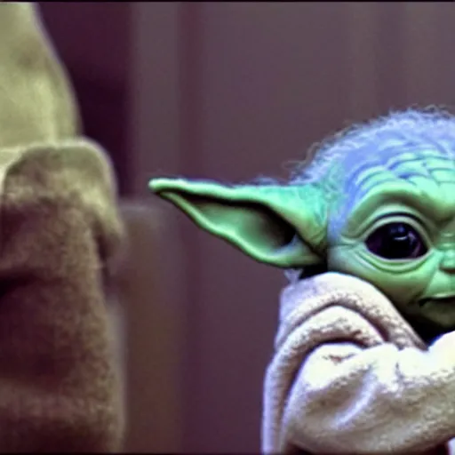 Image similar to Baby Yoda smoking a cigarette 4K quality