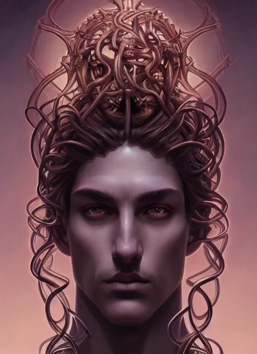 Image similar to symmetry!! portrait of a male version of medusa, gothic, dark, intricate, elegant, highly detailed, digital painting, artstation, concept art, smooth, sharp focus, illustration, art by artgerm and greg rutkowski and alphonse mucha