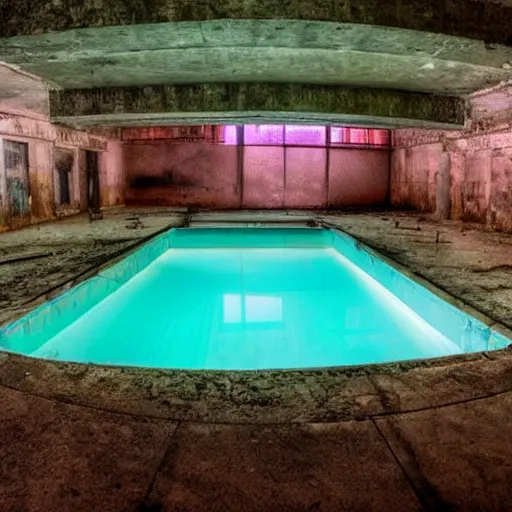 Prompt: abandoned underground hotel pool,