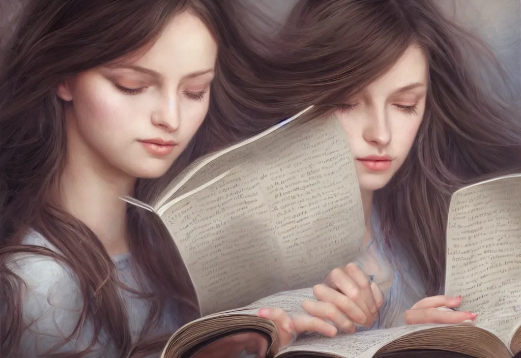 Image similar to a girl reading a book, hair flowing down, 8 k, hyperrealistic, hyperdetailed, fantasy portrait by laura sava