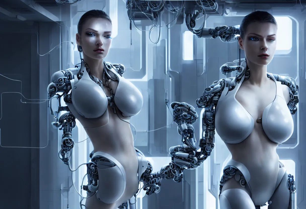 Prompt: Photo realistic render, centered in image incredibly beautiful and alluring female cyborg looking into camera, in a clean futuristic advanced military medical bay with cables hanging from ceiling, cables on floor, beautiful face, voluptuous body, cyberpunk, sci-fi, fantasy, intricate, elegant, highly detailed, artstation, concept art, smooth, sharp focus, octane render, dramatic lighting, art by artgerm and greg rutkowski and alphonse mucha and wlop