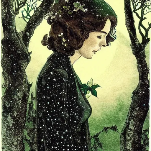 Image similar to beautiful elegant!!! portrait of 1 9 4 0 s woman tolkien elf!! in the forest at night rivendale, style of takato yamamoto intaglio watercolor, moon and stars