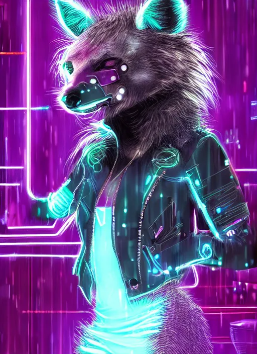 Prompt: digital artwork of anthromorphic hyena female, fursona, furry fandom, neon rainy cyberpunk setting, anthro, wearing cyberpunk 2 0 7 7 jacket, detailed face,