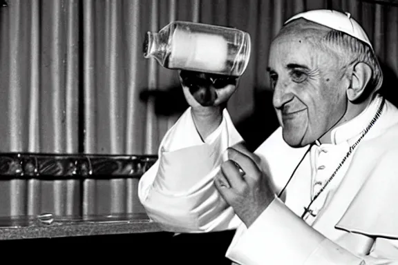 Image similar to a 1 9 5 0 s photo of the pope drinking at a bar