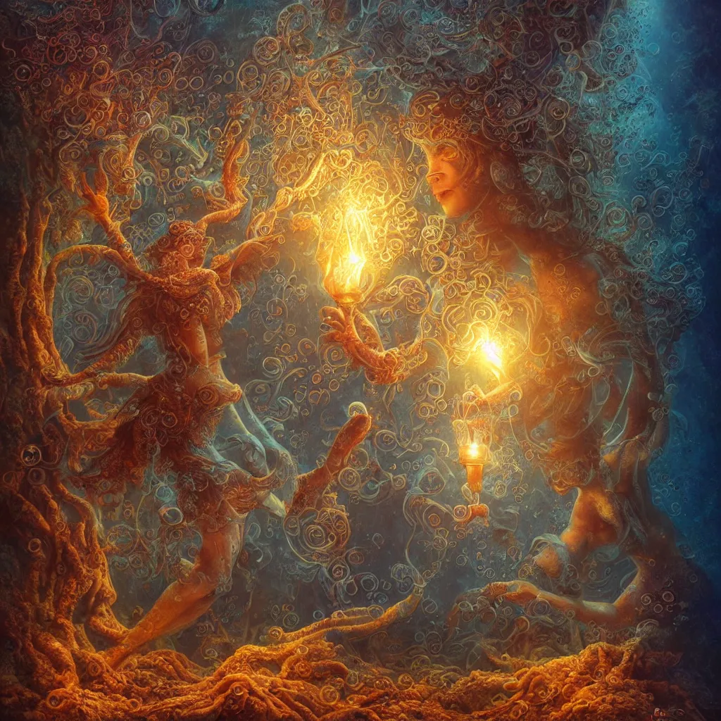 Prompt: a stunning ultra detailed underwater fantasy illustration of a genie holding a glowing lamp, overgrown with colorful coral, by tomasz alen kopera, underwater photography by juan oliphant, water bubbles, sun rays penetrating water, deep depth of field, 2 4 mm lens, golden hour hues, soft lighting, artstation, highly coherent, 8 k