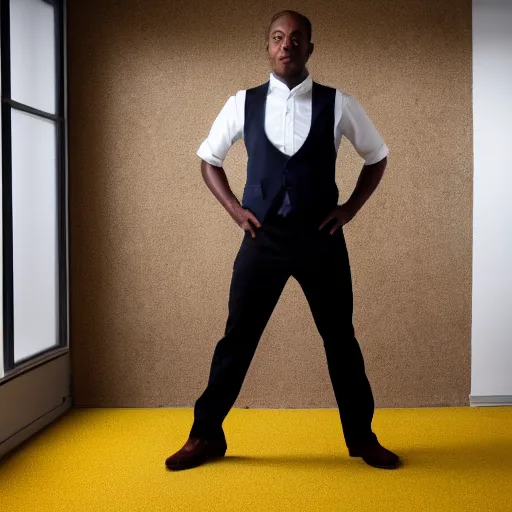 Prompt: black man wearing a white vest standing in a room with brown carpet, office ceiling and yellow walls