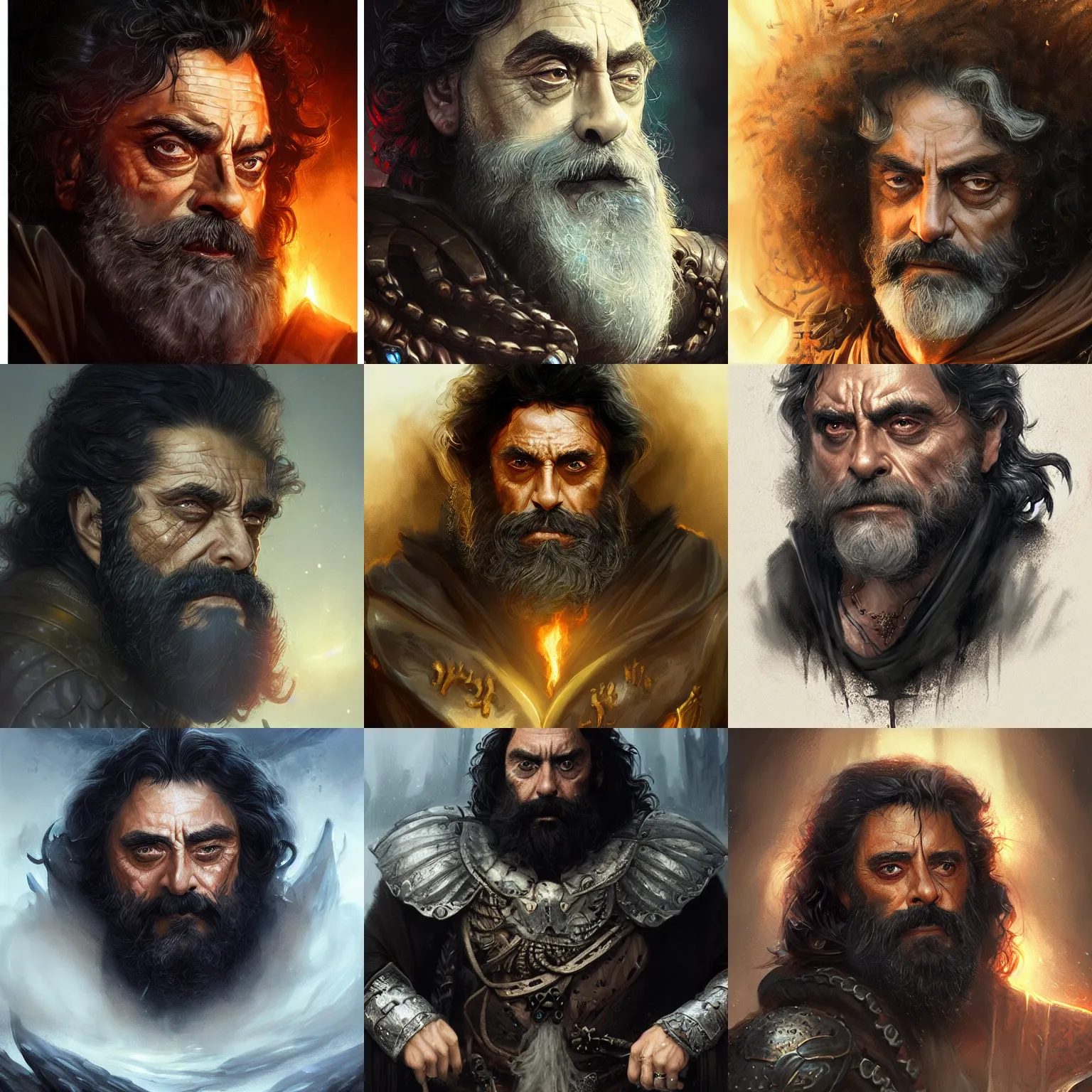 Prompt: emperor of the underworld, ian mcshane, curly black beard, d & d, fantasy, portrait, highly detailed, digital painting, trending on artstation, concept art, sharp focus, illustration, art by artgerm and greg rutkowski and magali villeneuve