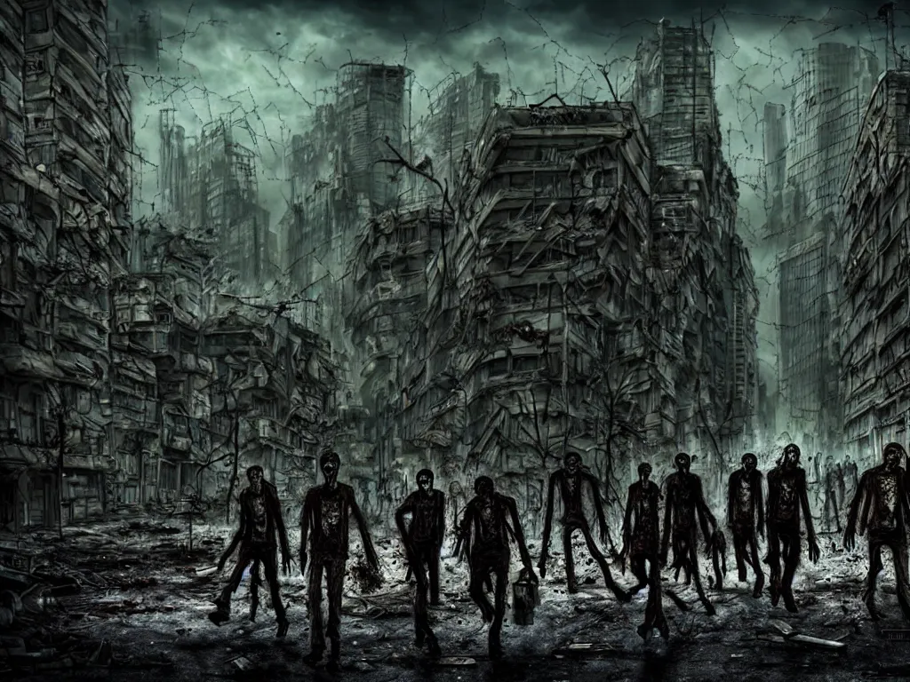 Image similar to post apocalyptic city landscape zombies roaming, very highly detailed, photography, 4 k, sharp focus, art