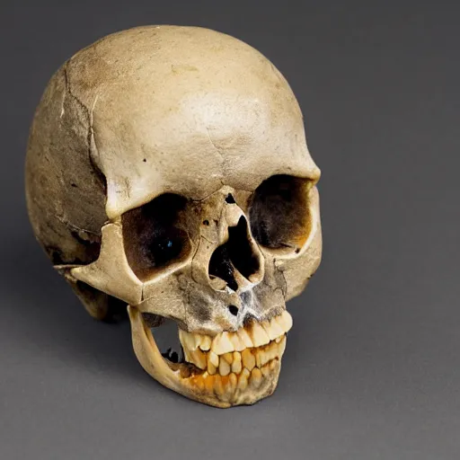 Prompt: a close up archeological picture of a highly preserved one of a kind vampire human skull with exposed vampire teeth, archeological finding, professional photograph, 35mm, 1920s, 8k, extra detailed, diorama, reflector lamp lighting