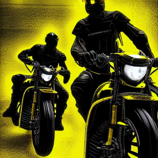 Image similar to cyber motorbikers by pascal blanche, black and yellow, dark neon trimmed beautiful dystopian digital art