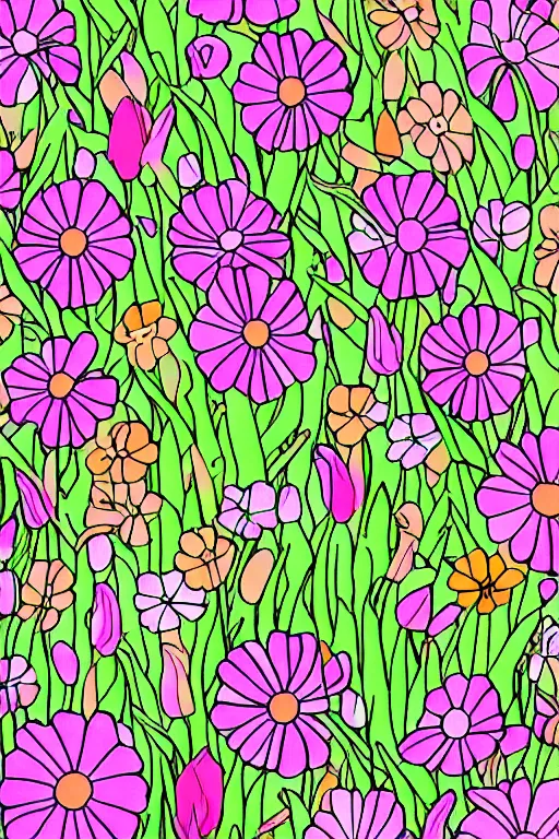 Prompt: spring flowers, happy and beautiful, in the style of coloring book