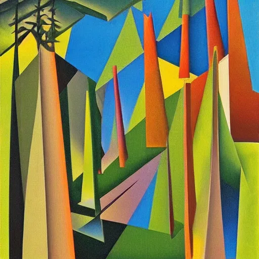 Image similar to the towering douglas fir trees kept her safe with their continual breath, surrealistic abstract art in the style of cubism,