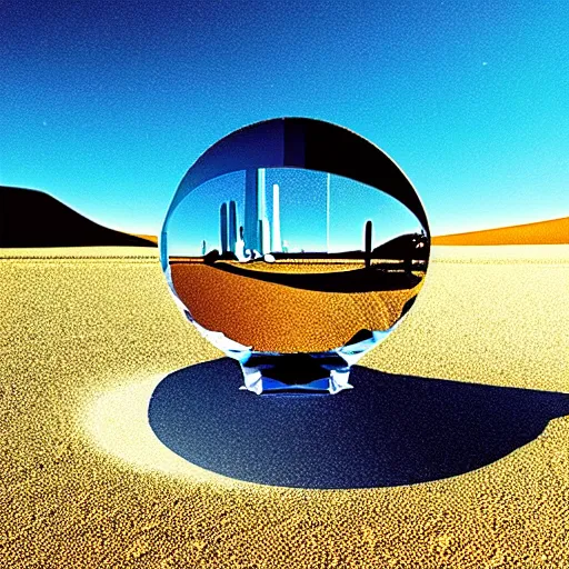 Image similar to poster big crystal in the desert, reflection from the crystal is sparkling due to sun, small starship near, futuristic, hi-tech details, style jean giraud