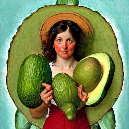 Prompt: The Goddess of Avocados. A painting by Norman Rockwell.