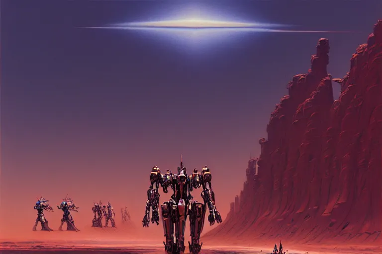 Prompt: gigantic mecha walking through the desert, intricate, elegant, dramatic lighting, highly detailed, artstation, concept art, smooth, sharp focus, illustration, art by syd mead and beksinski