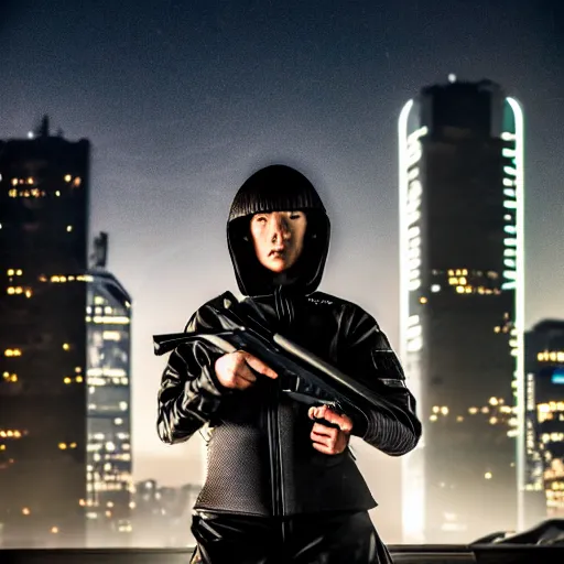 Image similar to photographic portrait of a techwear woman holding a shotgun, holding shotgun down, closeup, on the rooftop of a futuristic city at night, sigma 85mm f/1.4, 4k, depth of field, high resolution, full color, award winning photography, Kill Bill, John Wick, Die Hard, movies with guns, movie firearms, anatomically correct hands