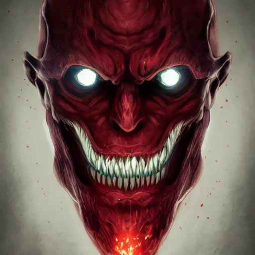 Prompt: portrait of an intimidating glowing scary giant, face and skin is dark red, glowing eyes, glowing veins of white, hero, villain, concept art, centered