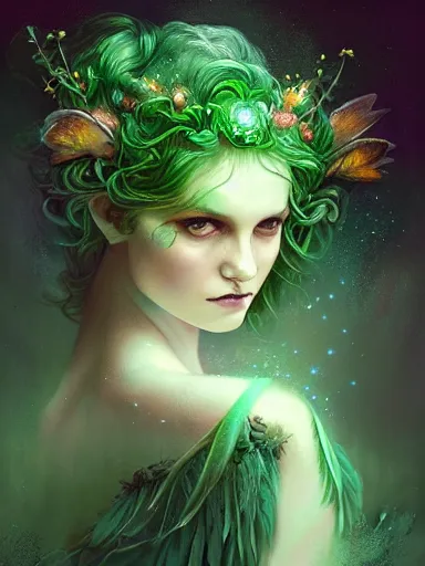Image similar to green!! forest fae ; by james jean, charlie bowater, tom bagshaw, nikolay makovsky, melanie delon : : enchanting, ethereal, magical, glowing, sparkle, iridescent, flowerpunk, portrait, character design, illustration, hyperrealism, photorealism, digital art, concept art, dark fantasy, weta, wlop, artstation