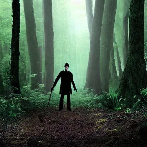 Image similar to dark forest protected by strange creature, the matrix movie style