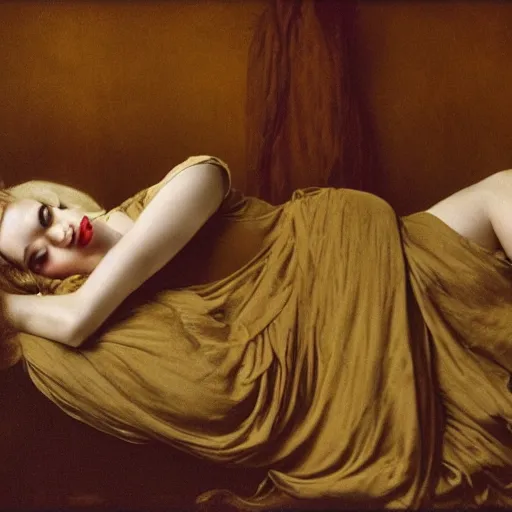 Image similar to preraphaelite photography reclining on bed, a hybrid of judy garland and lady gaga, aged 2 5, big brown fringe, yellow ochre ornate medieval dress, 4 k