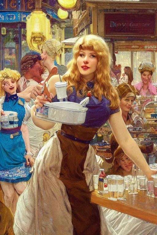 Prompt: illustration of a white female anthro wolf waitress serving milkshakes, 5 0's diner, 4 k, furaffinity, trending on artstation, very expressive face, energetic, bright colors, by gaston bussiere, craig mullins, j. c. leyendecker, gustav klimt, artgerm, greg rutkowski, alphonse mucha