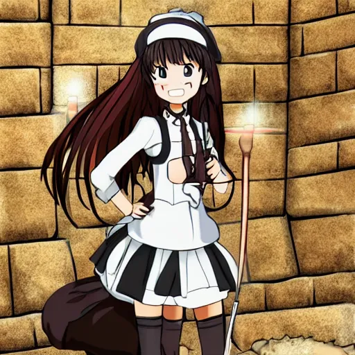 Image similar to anime archaeologist catgirl wearing a maid outfit exploring the eqyptian tombs inside the pyramids