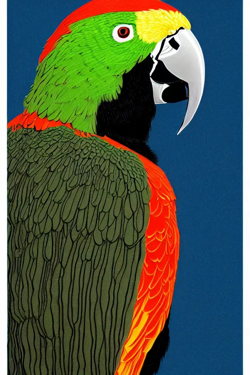 Prompt: a vibrant ultraclear sideview waist up portrait of parrot wearing black cape hoodie by rene magritte and laurie greasley and kilian eng and josan gonzalez, ( ( etching by gustave dore ) ), colorful flat surreal, ethereal, intricate, sharp focus, illustration, highly detailed, digital painting, concept art, masterpiece