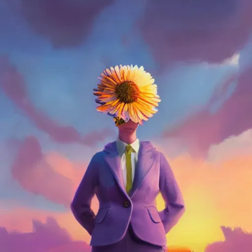 Image similar to enlarged daisy flower head, frontal, girl in a suit, surreal photography, sunrise, dramatic light, impressionist painting, digital painting, artstation, simon stalenhag