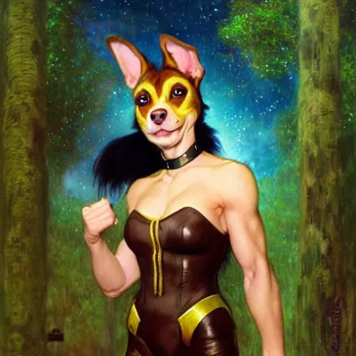 Prompt: a female pitbull dogwoman in starfleet uniform at night in a dark forest. zootopia fursona furaffinity furry art detailed face painting by gaston bussiere craig mullins jc leyendecker gustav klimt artgerm greg rutkowski furry