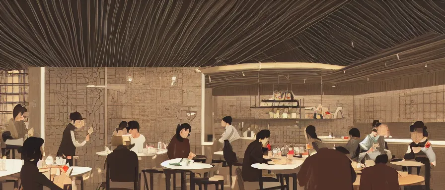 Image similar to a beautiful interior view illustration of a small roasted string hotpot restaurant in yan'an city, restaurant wall paper is tower amd mountain, rectangle white porcelain table, people are eating, black chair, animation illustrative style, from china, simple style structure decoration design, victo ngai, james jean, 4 k hd