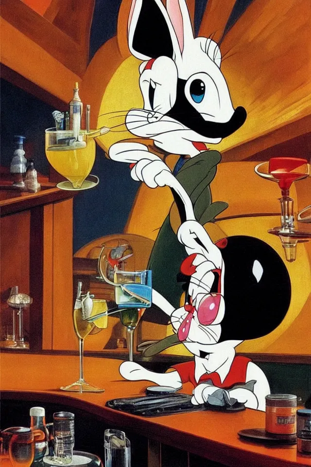 Image similar to Bugs Bunny Drinking Heavily At A Bar, 2001: A Space Odyssey, Roger Deakin’s cinematography, by J. C. Leyendecker and Peter Paul Rubens and Edward Hopper and Michael Sowa