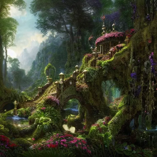 Image similar to a beautiful and highly detailed matte painting of a magical flower covered pergoda in a fantasy garden in a lush forest deep in the mystical mountains, intricate details, epic scale, insanely complex, 8 k, sharp focus, hyperrealism, very realistic, by caspar friedrich, albert bierstadt, james gurney, brian froud,