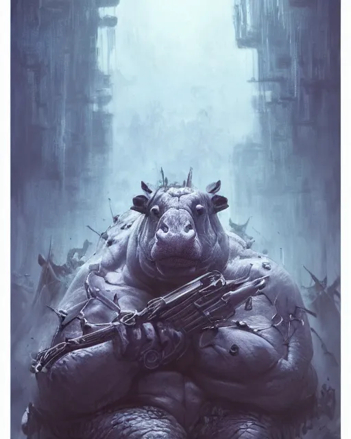 Image similar to Hippo, Anthropomorphized, as warlord general on skull throne, magic the gathering artwork, D&D, fantasy, cinematic lighting, centered, symmetrical, highly detailed, digital painting, artstation, concept art, smooth, sharp focus, illustration, volumetric lighting, epic Composition, 8k, art by Akihiko Yoshida and Greg Rutkowski and Craig Mullins, heroic pose, oil painting, cgsociety, Battlefield background, explosions, arrows