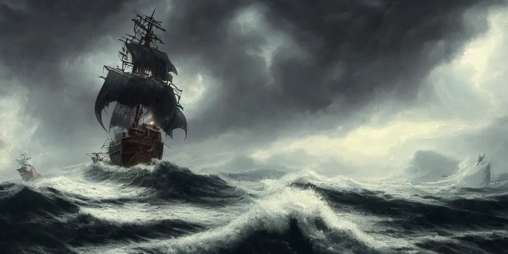 Prompt: Kraken attacking a pirate vessel as it sails on wild ocean waters during a thunderstorm, crashing waves, 4k, cozy wallpaper, trending on Artstation, award-winning, art by Greg Rutkowski