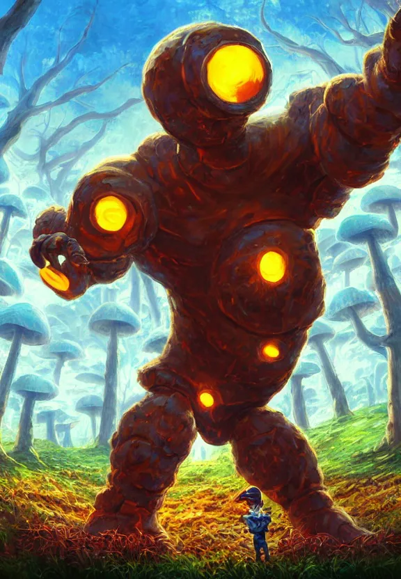 Prompt: cyber golem jumping over mushroom forest, sunny autumn, oil painting, symmetrical, glowing eyes, ultradetailed, 8 k, epic atmosphere, digital art by simon cowell and moebius