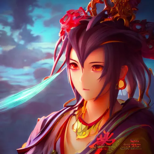 Image similar to portrait of nezha the god of flaming lotus, anime fantasy illustration by tomoyuki yamasaki, kyoto studio, madhouse, ufotable, square enix, cinematic lighting, trending on artstation