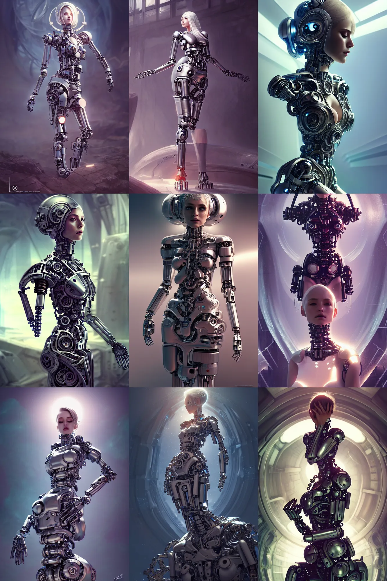 Prompt: crying! mechanical android!! woman, fractal dress, octane render, emotional, fantasy, manga, concept art, pose, photorealistic, cover shot, intricate detailed environment. vogue, 8 k, hd. by terry o'neill and artgerm and wlop and loish and rutkowski and mucha