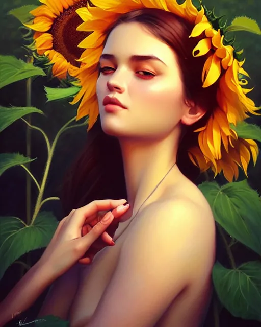 Prompt: stylized portrait of an artistic pose, composition, young lady sorrounded by nature, sunflowers, realistic shaded, fine details, realistic shaded lighting poster by ilya kuvshinov, magali villeneuve, artgerm, jeremy lipkin and michael garmash and rob rey